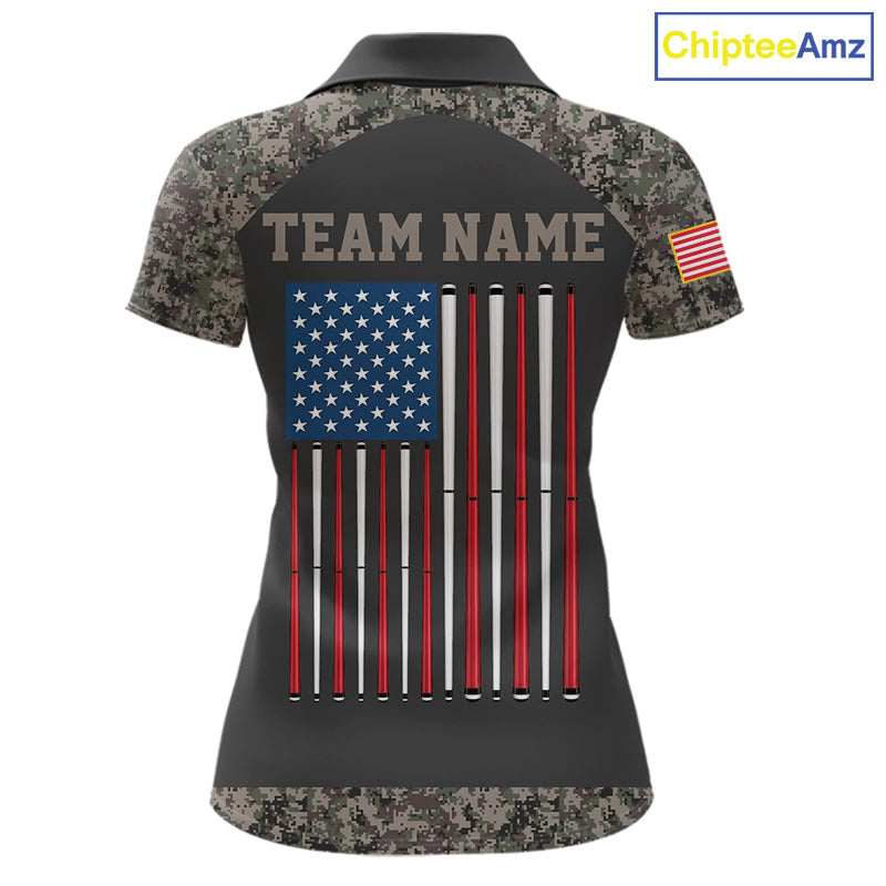 Personalized Retro Camo US Flag Billiard Shirt For Women, 8 Ball Pool Team Jersey Polo & 1/4 Zip TDM6336