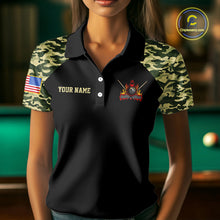 Load image into Gallery viewer, Personalized Green Camo US Flag Billiard Shirt For Women Custom Pool Team Jersey Polo &amp; 1/4 Zip TDM6337
