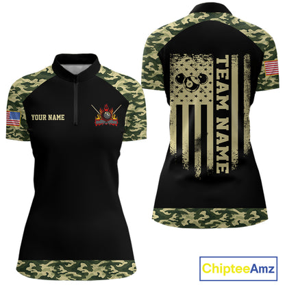 Personalized Green Camo US Flag Billiard Shirt For Women Custom Pool Team Jersey Polo & 1/4 Zip TDM6337