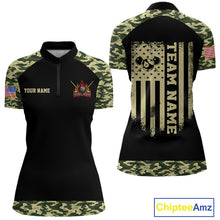 Load image into Gallery viewer, Personalized Green Camo US Flag Billiard Shirt For Women Custom Pool Team Jersey Polo &amp; 1/4 Zip TDM6337