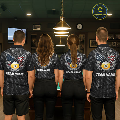 Black US Flag 9 Ball Pool Wings Billiard Shirt For Women Custom Billiard Team Jersey Polo & 1/4 Zip TDM6340