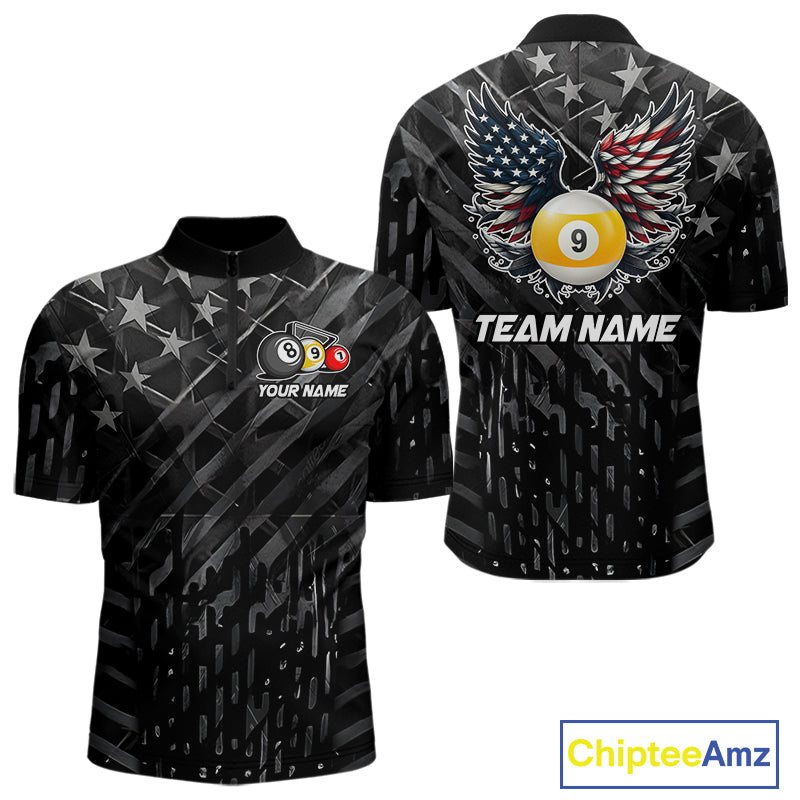Black US Flag 9 Ball Pool Wings Billiard Shirt For Men Custom Billiard Team Jersey Polo & 1/4 Zip TDM6340