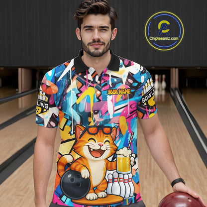 Funny Cat Colorful Graffiti Bowling Shirts For Men, Best Bowling Team Jersey Polo & 1/4 Zip TDM6513