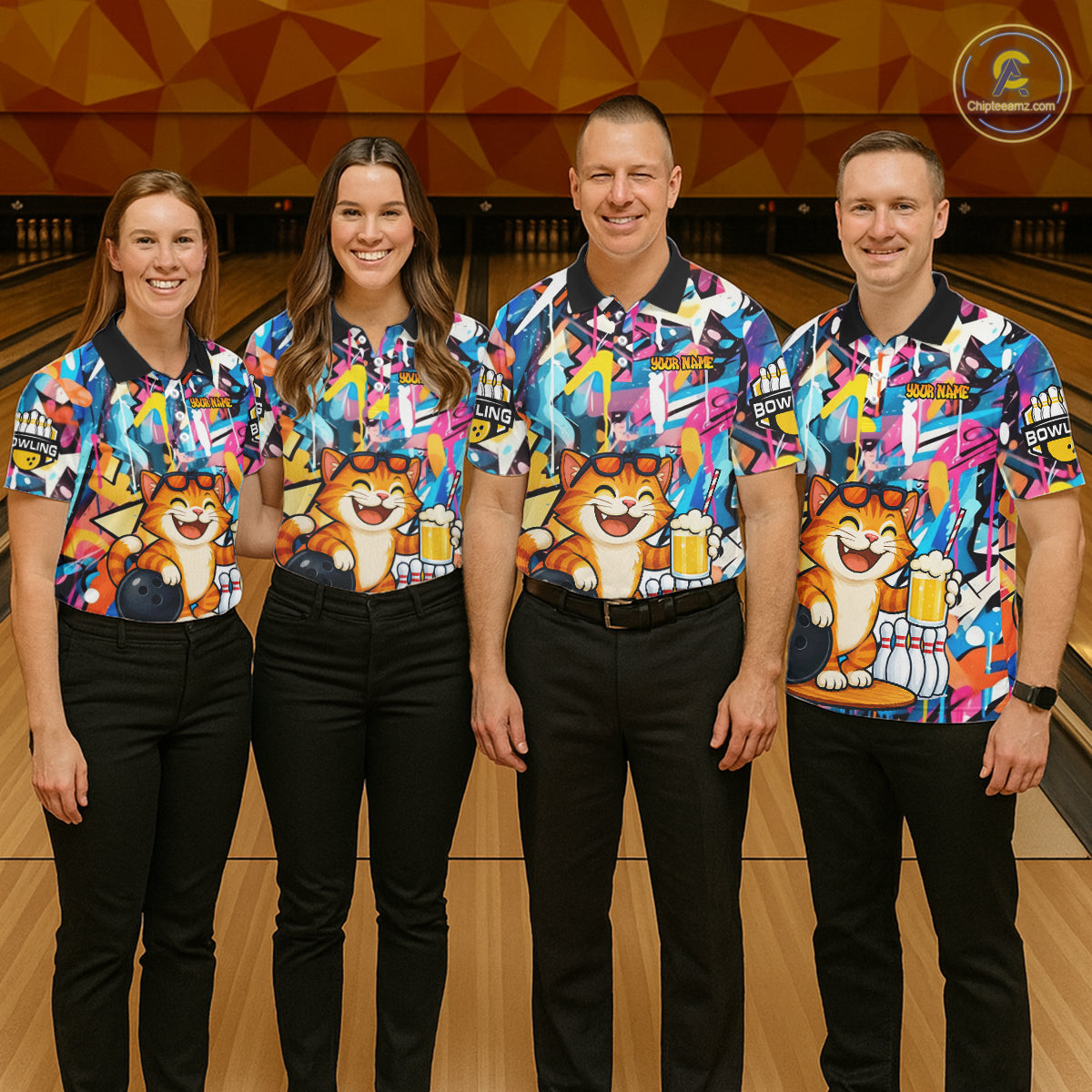 Funny Cat Colorful Graffiti Bowling Shirts For Men, Best Bowling Team Jersey Polo & 1/4 Zip TDM6513