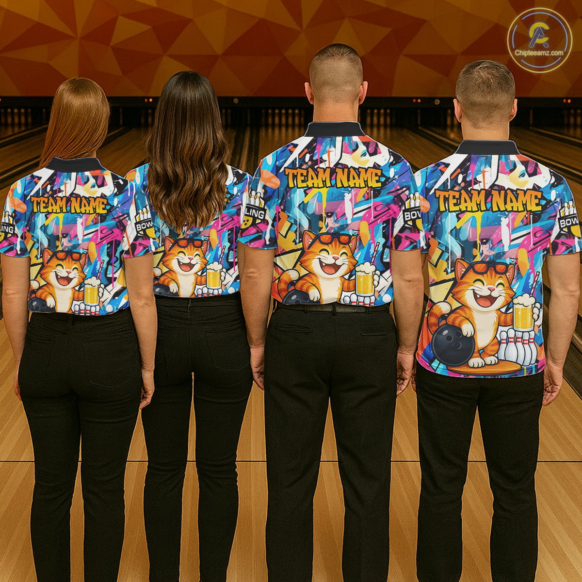 Funny Cat Colorful Graffiti Bowling Shirts For Men, Best Bowling Team Jersey Polo & 1/4 Zip TDM6513