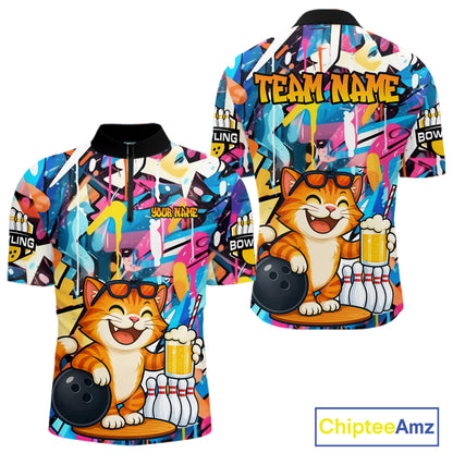 Funny Cat Colorful Graffiti Bowling Shirts For Men, Best Bowling Team Jersey Polo & 1/4 Zip TDM6513