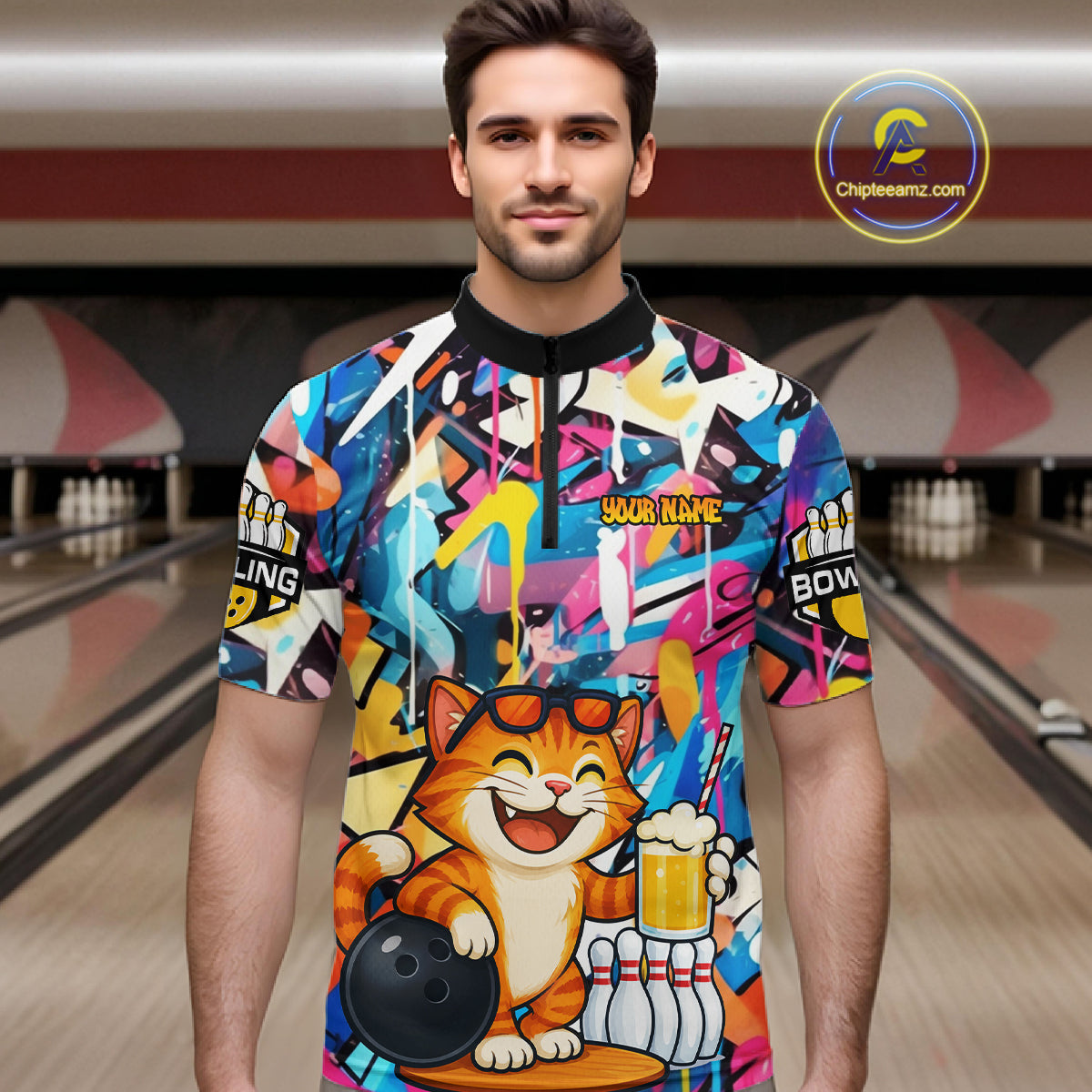 Funny Cat Colorful Graffiti Bowling Shirts For Men, Best Bowling Team Jersey Polo & 1/4 Zip TDM6513
