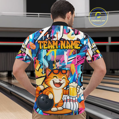 Funny Cat Colorful Graffiti Bowling Shirts For Men, Best Bowling Team Jersey Polo & 1/4 Zip TDM6513