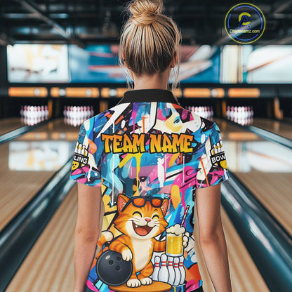 Funny Cat Colorful Graffiti Bowling Shirts For Women, Best Bowling Team Jersey Polo & 1/4 Zip TDM6513