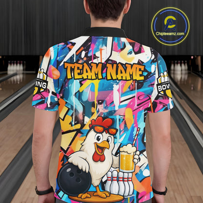 Funny Chicken Colorful Graffiti Bowling Shirts For Men, Best Bowling Team Jersey Polo & 1/4 Zip TDM6515