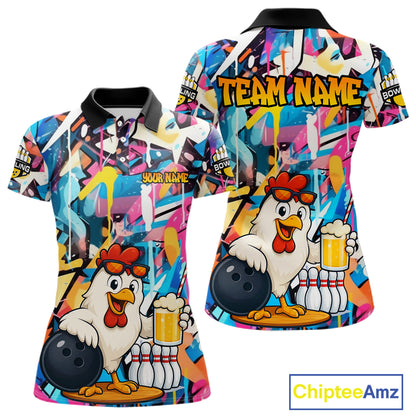 Funny Chicken Colorful Graffiti Bowling Shirts For Women, Best Bowling Team Jersey Polo & 1/4 Zip TDM6515