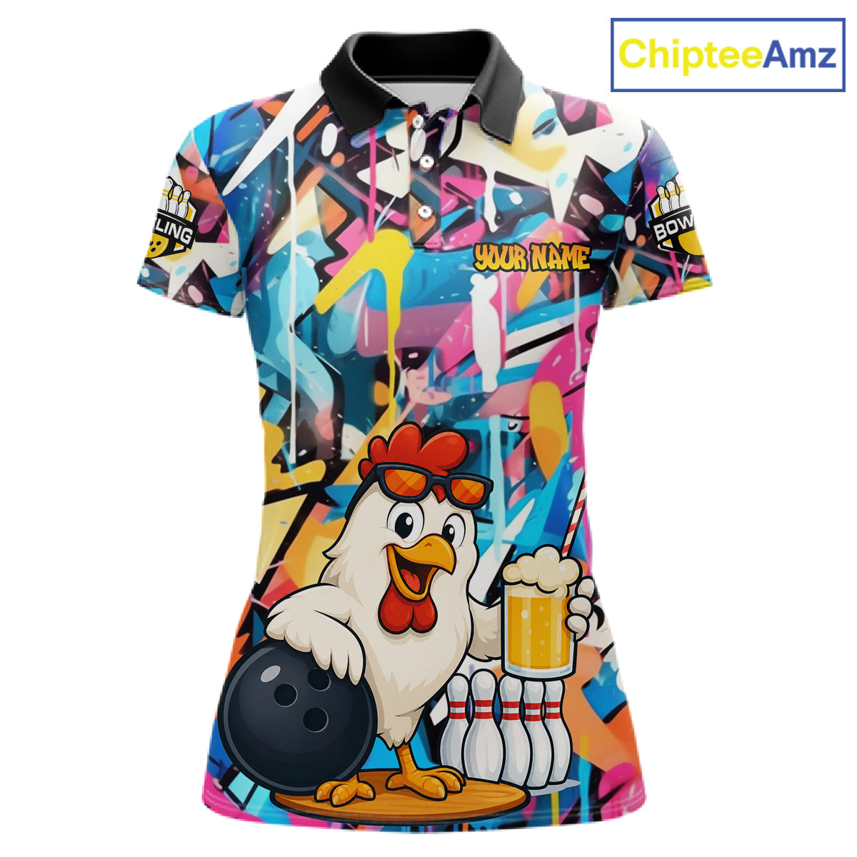 Funny Chicken Colorful Graffiti Bowling Shirts For Women, Best Bowling Team Jersey Polo & 1/4 Zip TDM6515
