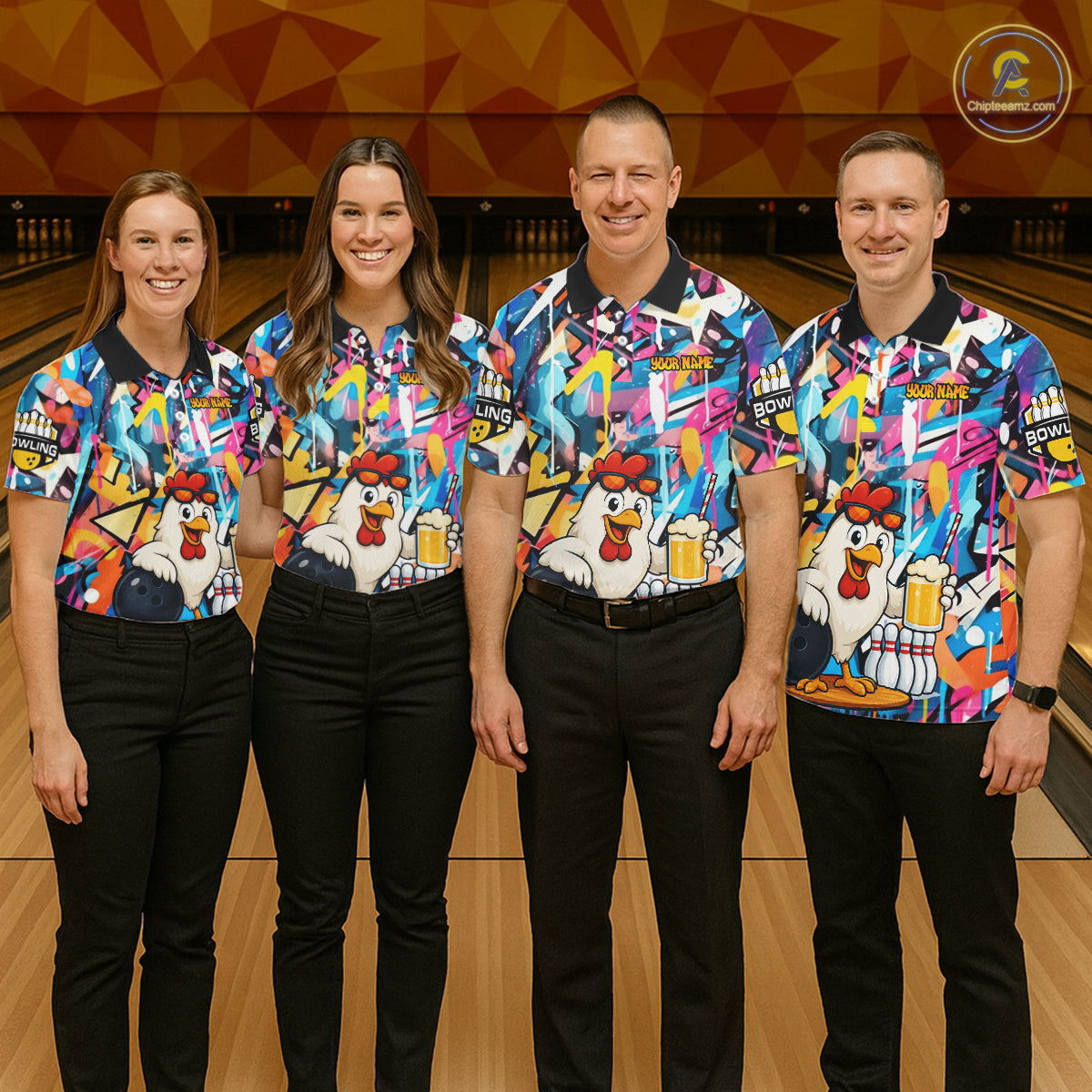 Funny Chicken Colorful Graffiti Bowling Shirts For Men, Best Bowling Team Jersey Polo & 1/4 Zip TDM6515