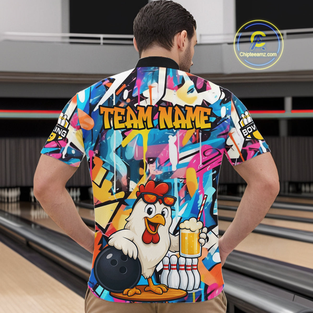 Funny Chicken Colorful Graffiti Bowling Shirts For Men, Best Bowling Team Jersey Polo & 1/4 Zip TDM6515