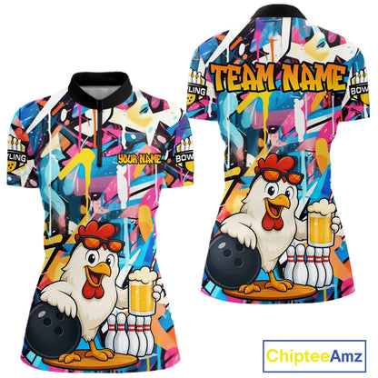 Funny Chicken Colorful Graffiti Bowling Shirts For Women, Best Bowling Team Jersey Polo & 1/4 Zip TDM6515