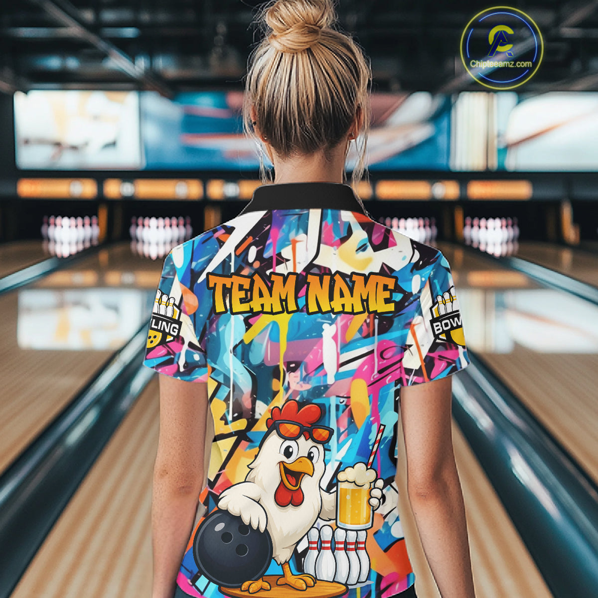 Funny Chicken Colorful Graffiti Bowling Shirts For Women, Best Bowling Team Jersey Polo & 1/4 Zip TDM6515
