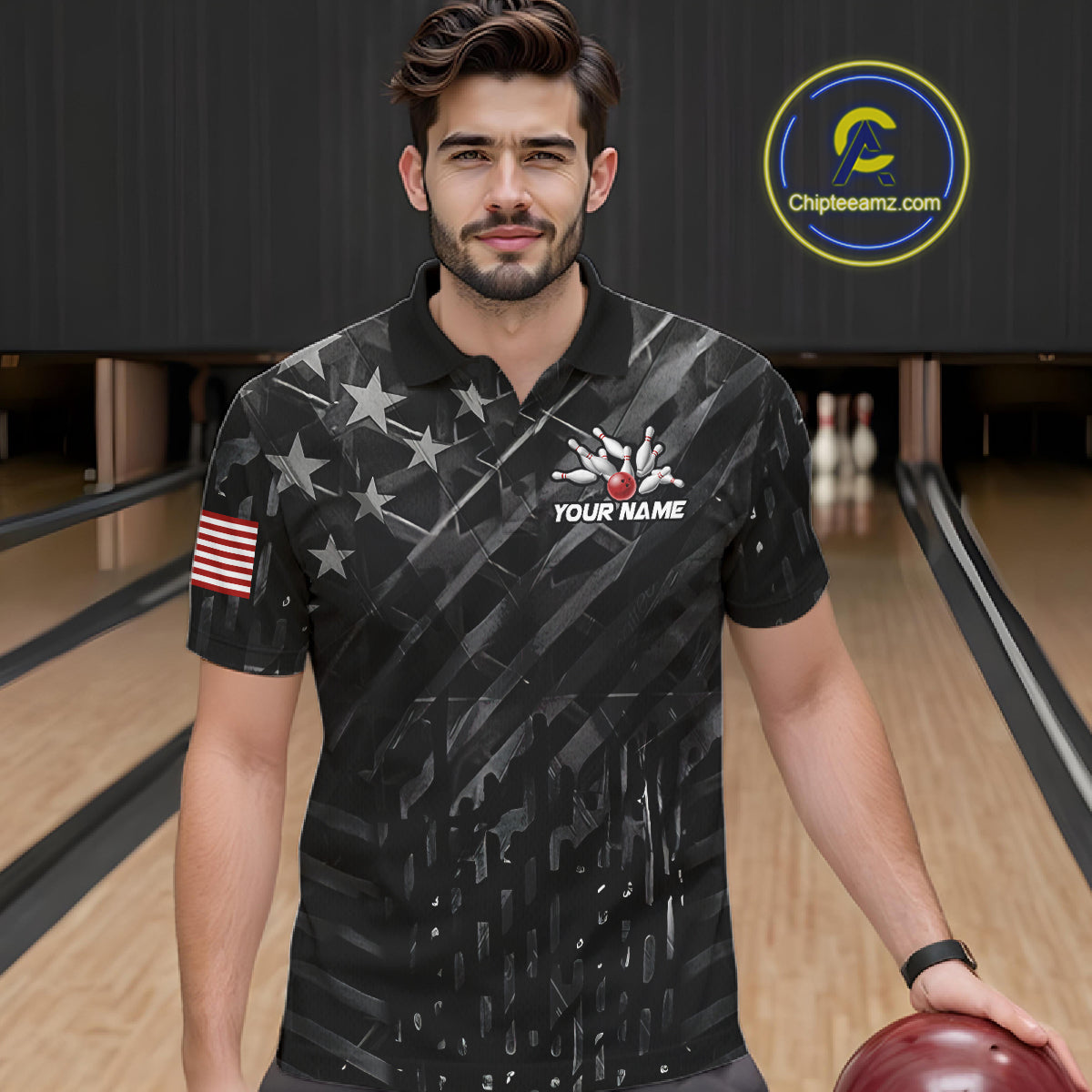 Man wearing a black American flag wings bowling polo shirt at a bowling alley front view.