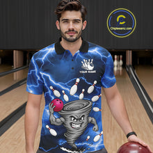 Load image into Gallery viewer, Man wearing a blue thunder lightning tornado bowling polo shirt at a bowling alley front view.