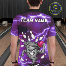Load image into Gallery viewer, Back view of man wearing a purple thunder lightning tornado bowling polo shirt inside a bowling alley.