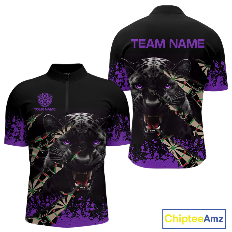Black And Purple Grunge Panther Darts Shirt Polo & Quarter Zip For Men Custom Darts Team Jersey TDM4583