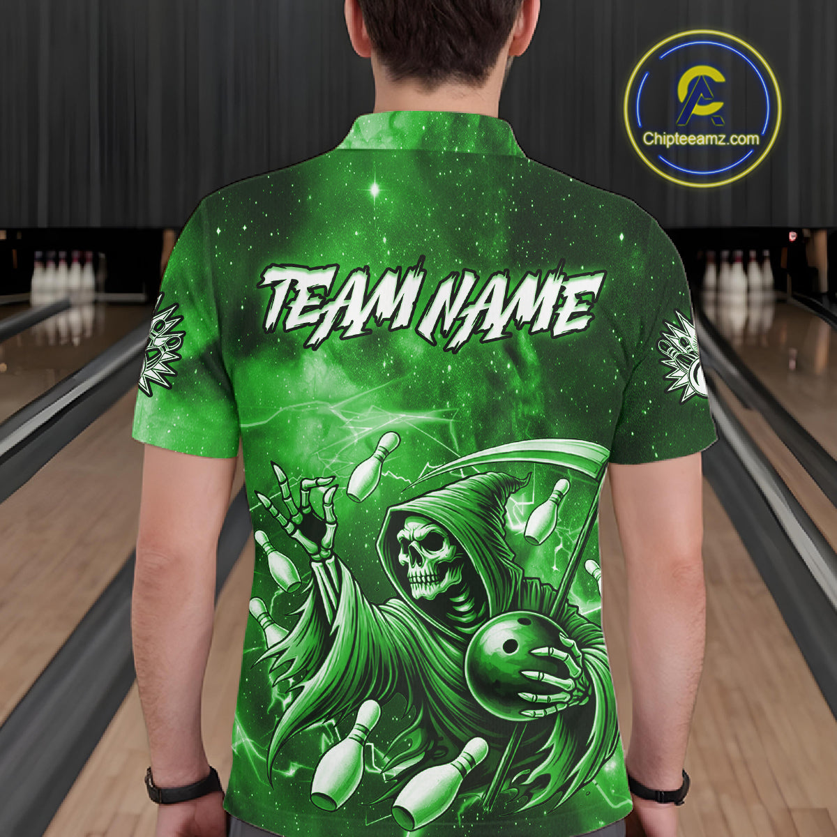 Funny Green Grim Reaper Galaxy Bowling Shirt For Men Custom Bowling Team Jersey Polo & 1/4 Zip TDM7247