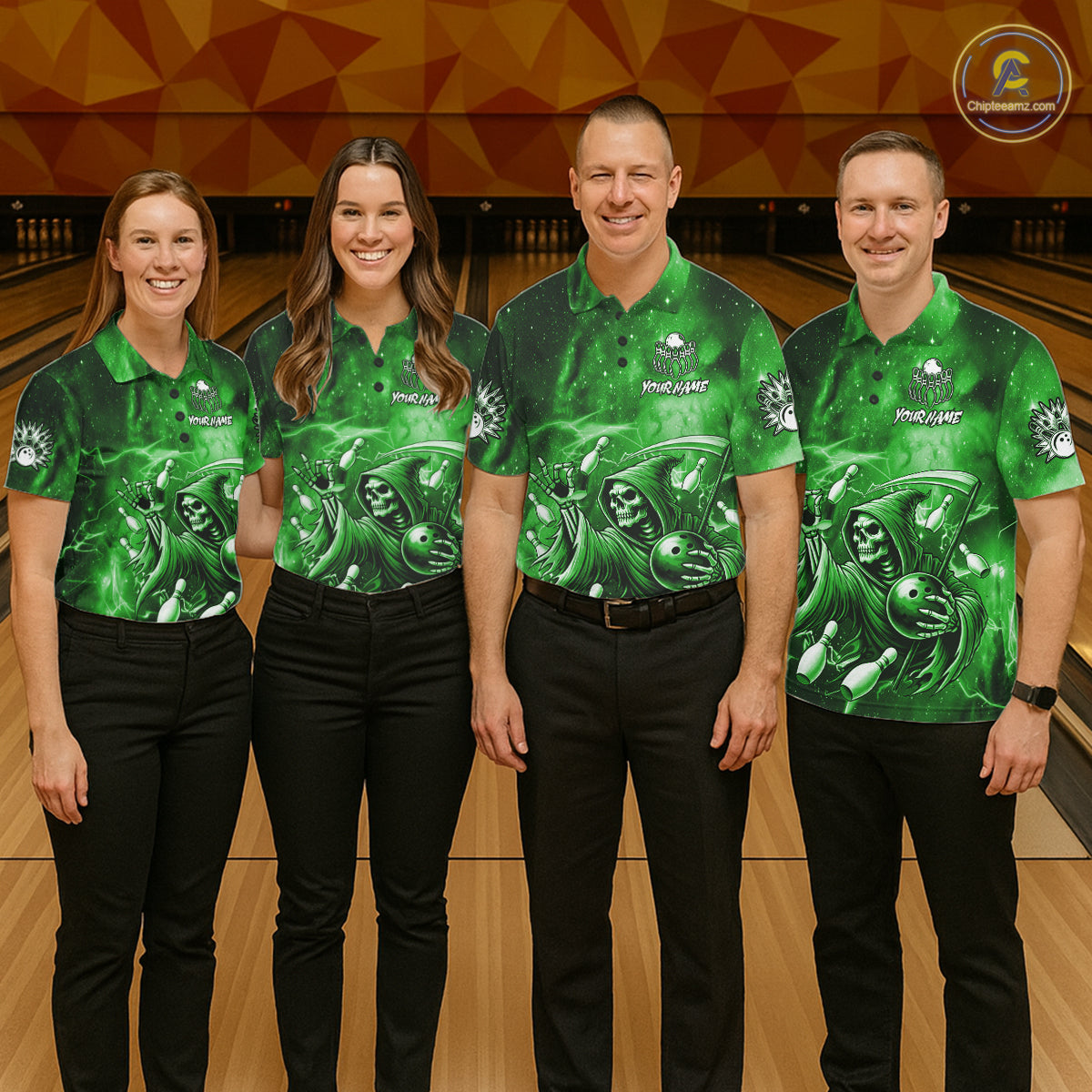 Funny Green Grim Reaper Galaxy Bowling Shirt For Men Custom Bowling Team Jersey Polo & 1/4 Zip TDM7247