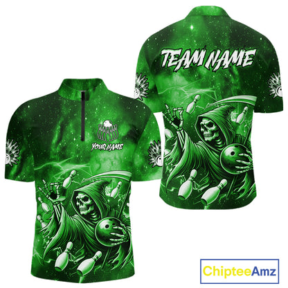 Funny Green Grim Reaper Galaxy Bowling Shirt For Men Custom Bowling Team Jersey Polo & 1/4 Zip TDM7247