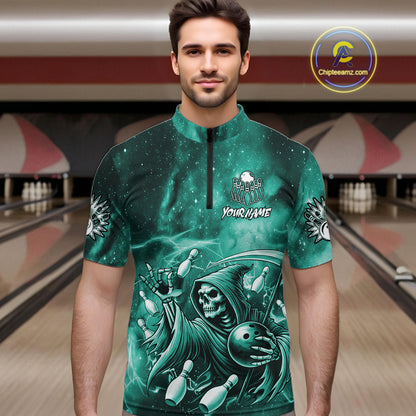 Funny Teal Grim Reaper Galaxy Bowling Shirt For Men Custom Bowling Team Jersey Polo & 1/4 Zip TDM7248