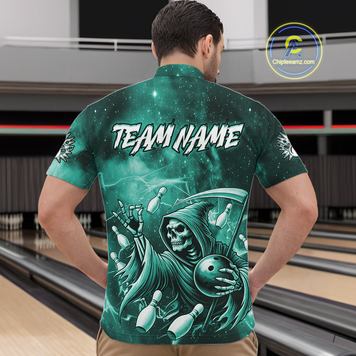 Funny Teal Grim Reaper Galaxy Bowling Shirt For Men Custom Bowling Team Jersey Polo & 1/4 Zip TDM7248