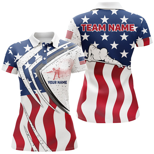 American Flag Billiard Player Custom Name 3D Polo Shirts For Women, Patriotic Gifts For Pool Lover TDM0116