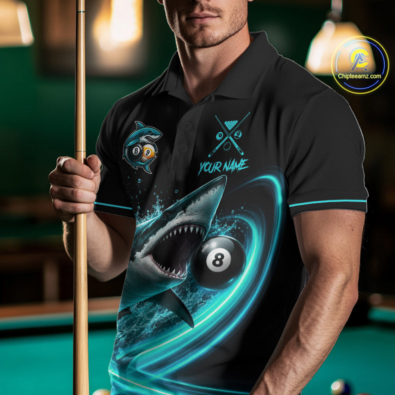 Black And Teal 8 Ball & 9 Ball Shark Billiard League Shirts For Men Custom Pool Team Jersey TDM7505
