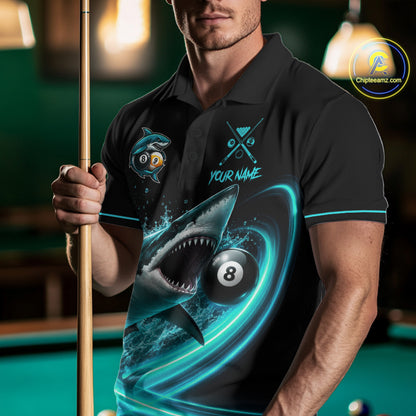 Black And Teal 8 Ball & 9 Ball Shark Billiard League Shirts For Men Custom Pool Team Jersey TDM7505