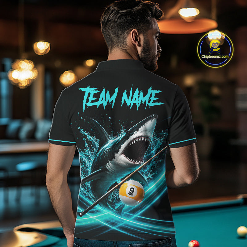 Black And Teal 8 Ball & 9 Ball Shark Billiard League Shirts For Men Custom Pool Team Jersey TDM7505