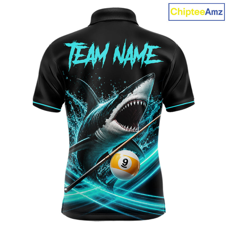 Black And Teal 8 Ball & 9 Ball Shark Billiard League Shirts For Men Custom Pool Team Jersey TDM7505