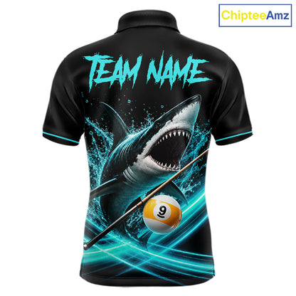 Black And Teal 8 Ball & 9 Ball Shark Billiard League Shirts For Men Custom Pool Team Jersey TDM7505