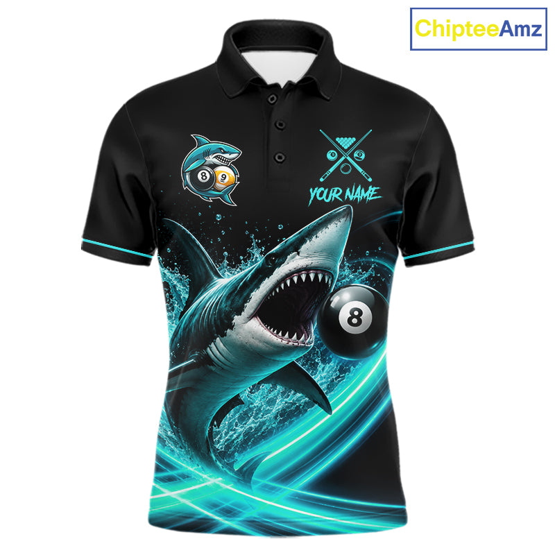 Black And Teal 8 Ball & 9 Ball Shark Billiard League Shirts For Men Custom Pool Team Jersey TDM7505