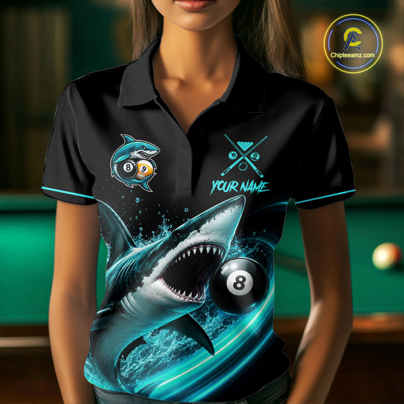 Black And Teal 8 Ball & 9 Ball Shark Billiard League Shirts For Women Custom Pool Team Jersey TDM7505