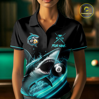 Black And Teal 8 Ball & 9 Ball Shark Billiard League Shirts For Women Custom Pool Team Jersey TDM7505