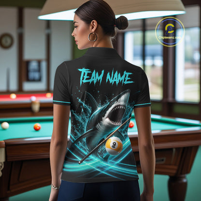 Black And Teal 8 Ball & 9 Ball Shark Billiard League Shirts For Women Custom Pool Team Jersey TDM7505