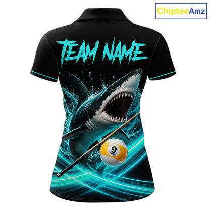Black And Teal 8 Ball & 9 Ball Shark Billiard League Shirts For Women Custom Pool Team Jersey TDM7505