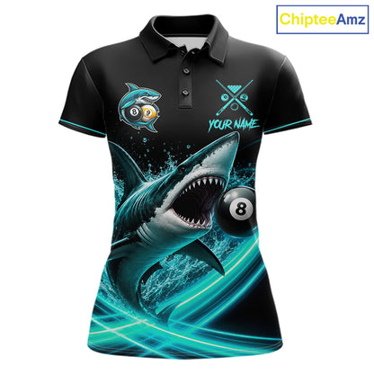 Black And Teal 8 Ball & 9 Ball Shark Billiard League Shirts For Women Custom Pool Team Jersey TDM7505
