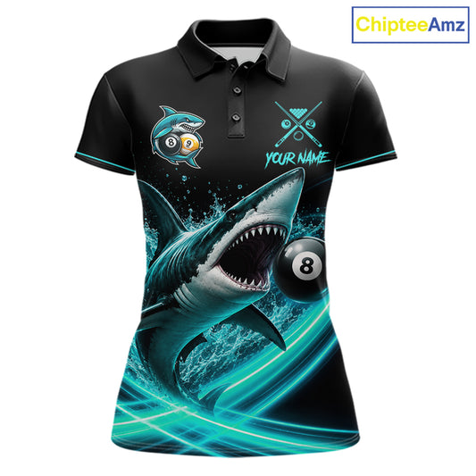 Black And Teal 8 Ball & 9 Ball Shark Billiard League Shirts For Women Custom Pool Team Jersey TDM7505