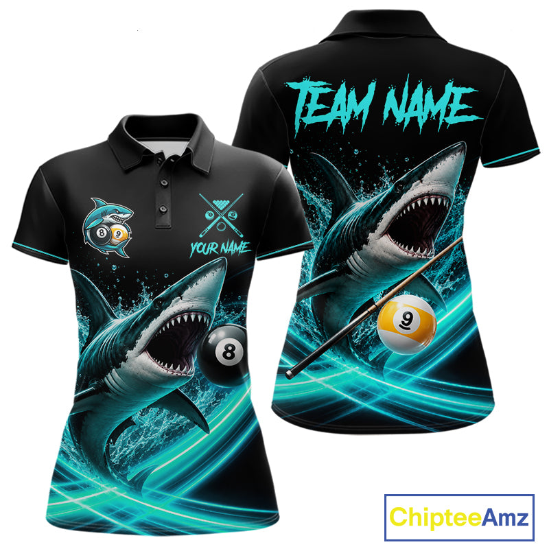 Black And Teal 8 Ball & 9 Ball Shark Billiard League Shirts For Women Custom Pool Team Jersey TDM7505