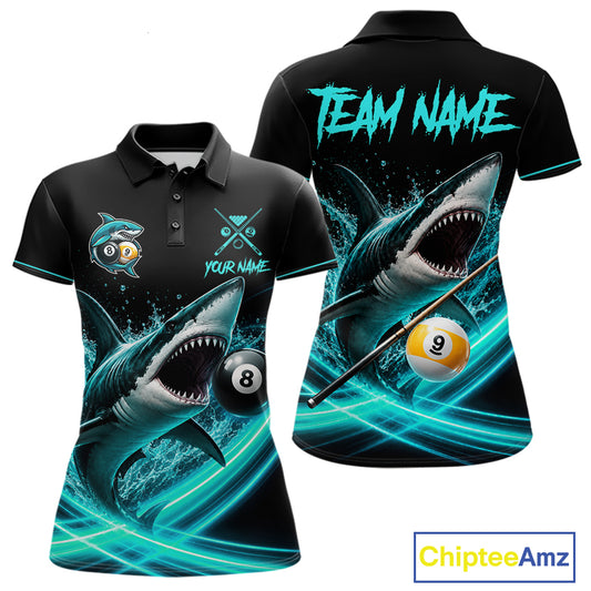 Black And Teal 8 Ball & 9 Ball Shark Billiard League Shirts For Women Custom Pool Team Jersey TDM7505
