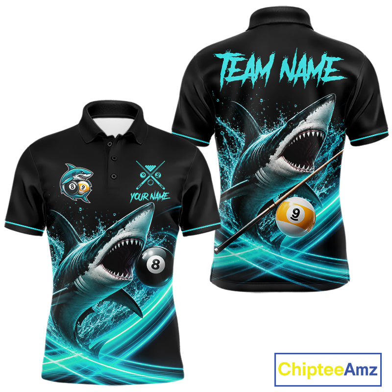 Black And Teal 8 Ball & 9 Ball Shark Billiard League Shirts For Men Custom Pool Team Jersey TDM7505