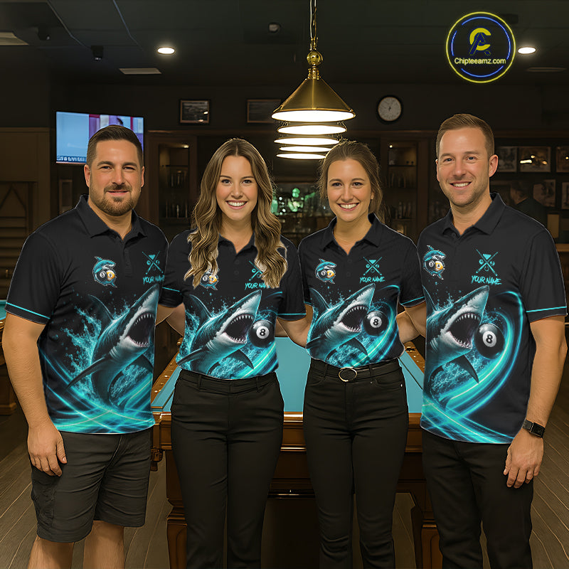 Black And Teal 8 Ball & 9 Ball Shark Billiard League Shirts For Men Custom Pool Team Jersey TDM7505