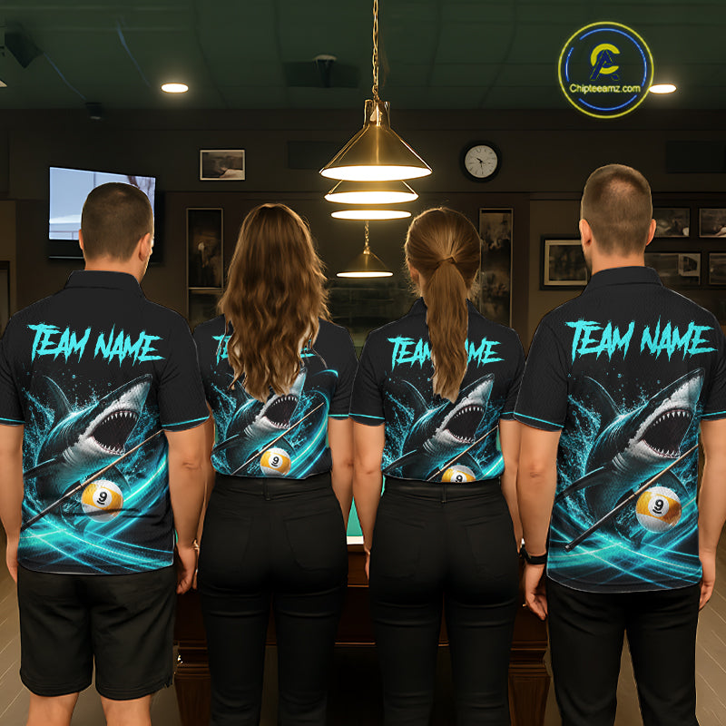Black And Teal 8 Ball & 9 Ball Shark Billiard League Shirts For Men Custom Pool Team Jersey TDM7505