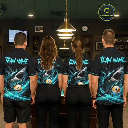 Black And Teal 8 Ball & 9 Ball Shark Billiard League Shirts For Men Custom Pool Team Jersey TDM7505