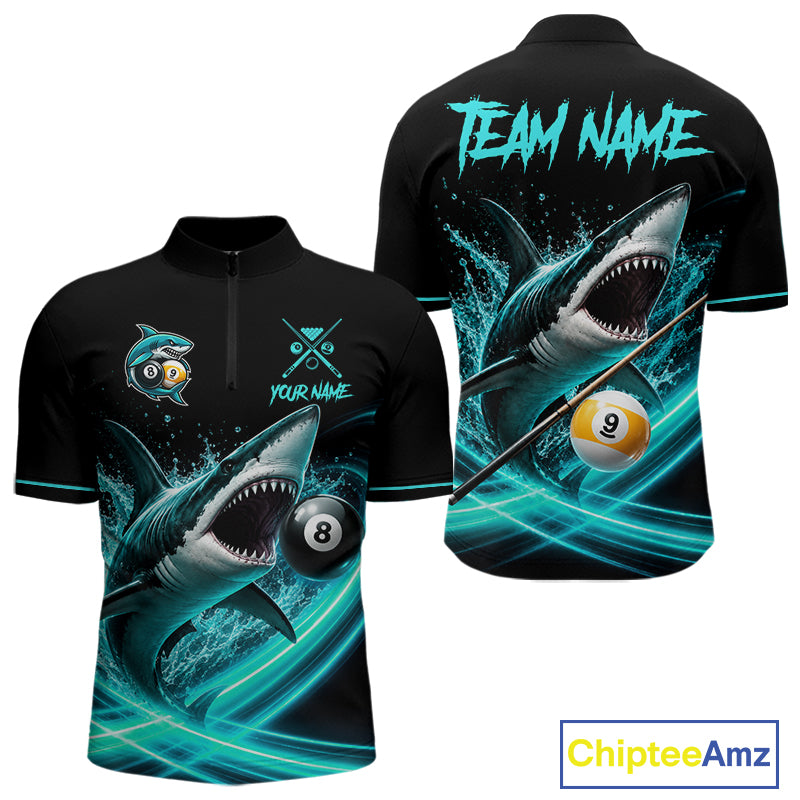 Black And Teal 8 Ball & 9 Ball Shark Billiard League Shirts For Men Custom Pool Team Jersey TDM7505