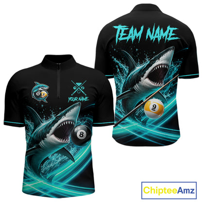 Black And Teal 8 Ball & 9 Ball Shark Billiard League Shirts For Men Custom Pool Team Jersey TDM7505